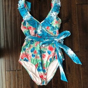 Printed Ruffle Wrap One Piece Swimsuit M Long